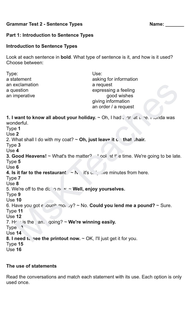 Grammar Test 2 - Sentence Types - Etsy