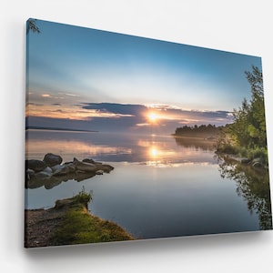 Sunrise Sunset Lake Simcoe Beach Canvas Fine Art Photograph Print HD Metal Acrylic Lake Sun Reflection Cloud Print Photo Decor