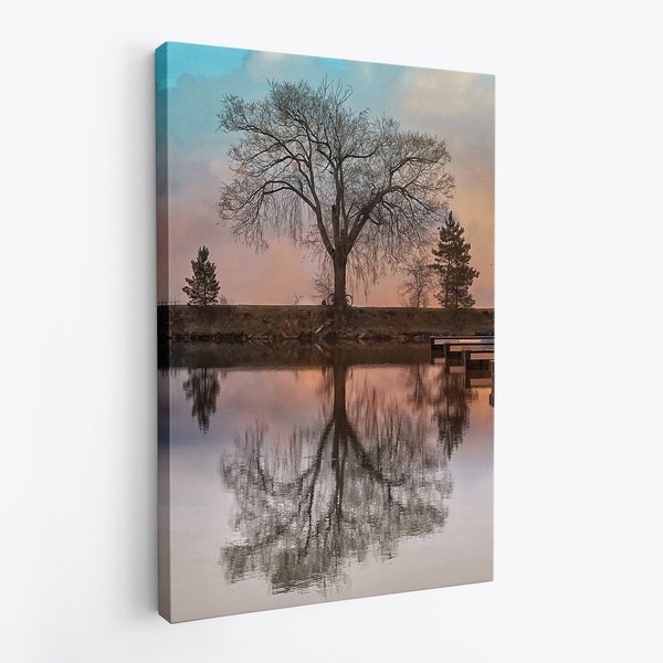 Sunrise Lakefront Tree Morning Silhouette Canvas Fine Art Wall Decor Hanging Print