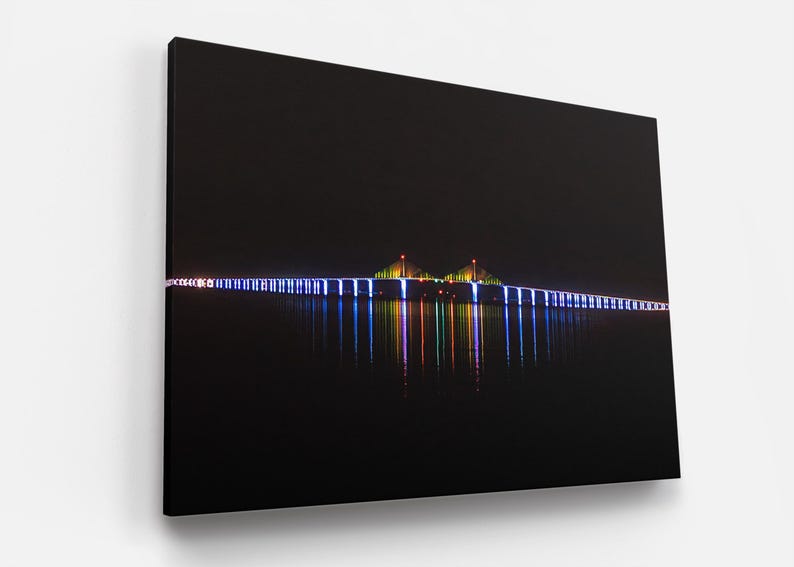 Sunshine Skyway Bridge Night Photography: Tampa Bay Seascape Art image 1