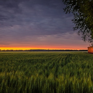 Sunrise Sunset Canvas Red Barn Field Photo Clouds Drama Sky Acrylic Brushed Metal Framed Fine Art Home Decor