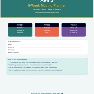 Planejador de Mudança de 8 Semanas para Imprimir / Lista de Verificação de Mudança em PDF / Guia de Embalagem e Desapego / Pasta de Mudança / Planejador de Mudança / Organizador Doméstico