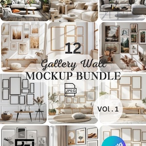 Puede incluir: Un paquete de maquetas de 12 diseños de pared de galería que presentan varios estilos de marcos y obras de arte. Los diseños incluyen una mezcla de obras de arte en blanco y negro, abstractas e inspiradas en la naturaleza. El texto "12 Gallery Wall MOCKUP BUNDLE Vol. 1" se muestra en el centro de la imagen.