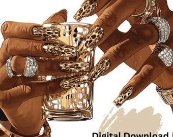 Leopard Print Nails on Brown Hands with Diamond Jewelry Holding a Gold-Accented Glass - Sublimation Design