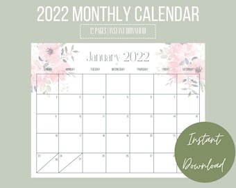 2022 Monthly Calendar, Printable Calendar, Watercolor Flower, Pink Floral, Instant Download, Year Calendar, Letter Size, Sunday Start