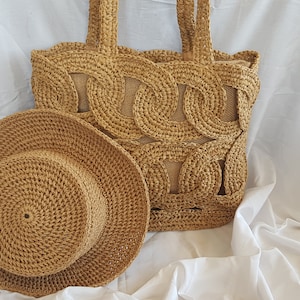 KLAAR VOOR VERZENDING!  Set tassen en hoeden, strandmandtas, raffiahoed, zonnebrandcrème fedora