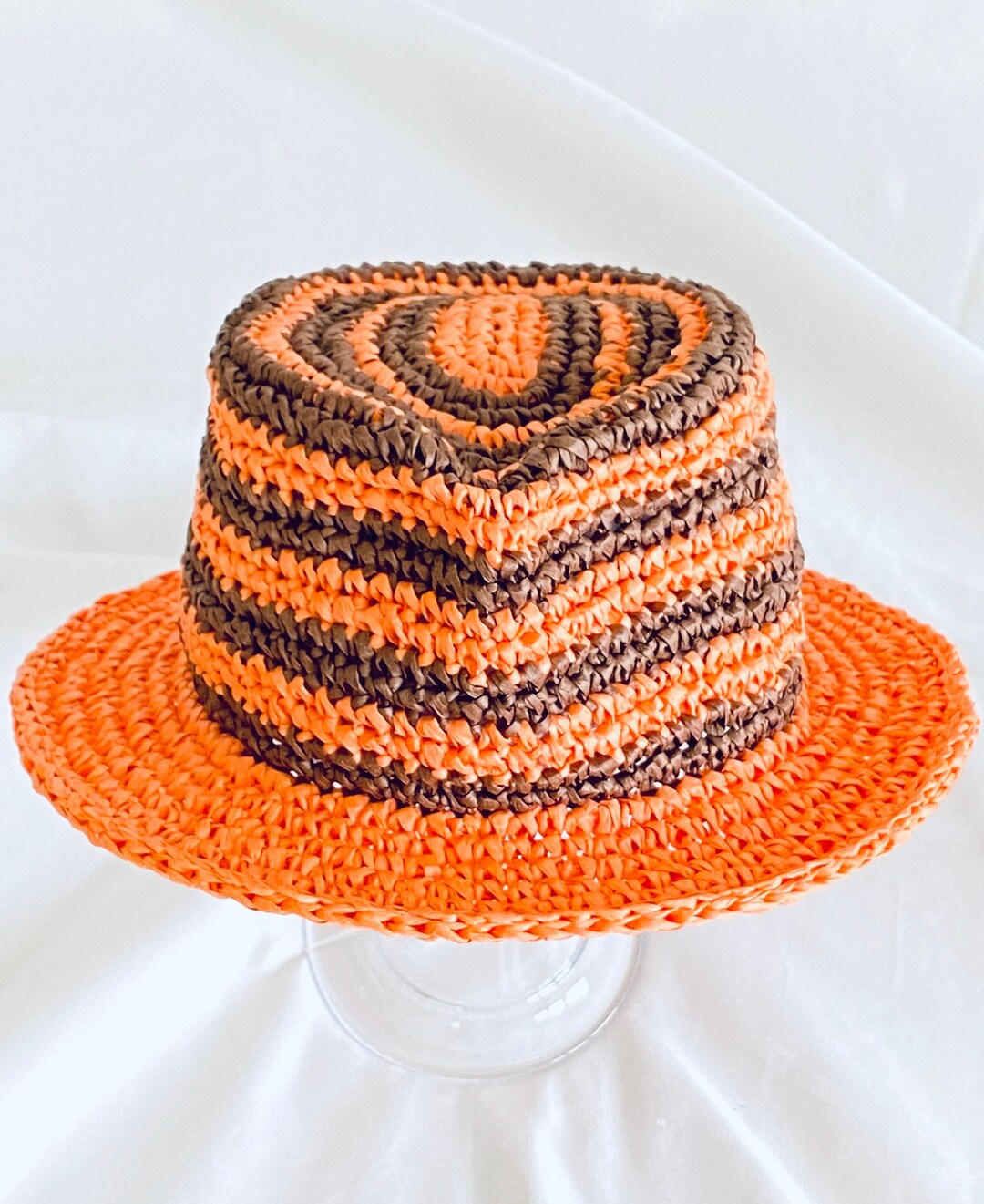 Orange Raffia Fedora Hat, Striped Hat, Raffia Panama Unisex, Crochet