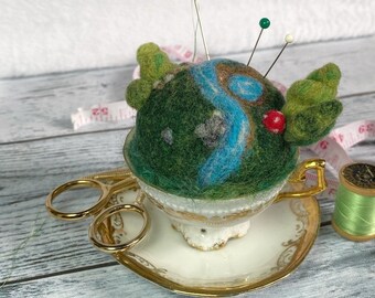 Forest Teacup Pincushion - Needle Felted Tiny World