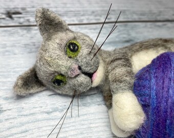 Cat and Yarn Ball Pincushion - Needle Felted Animal