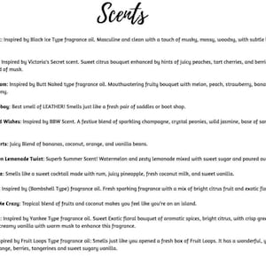 May include: A list of fragrance descriptions with names like "Black Frost," "Love Spell," and "Monkey Farts." The text is in black font on a white background, with a bee logo in the top corners. The descriptions detail the scent profiles.