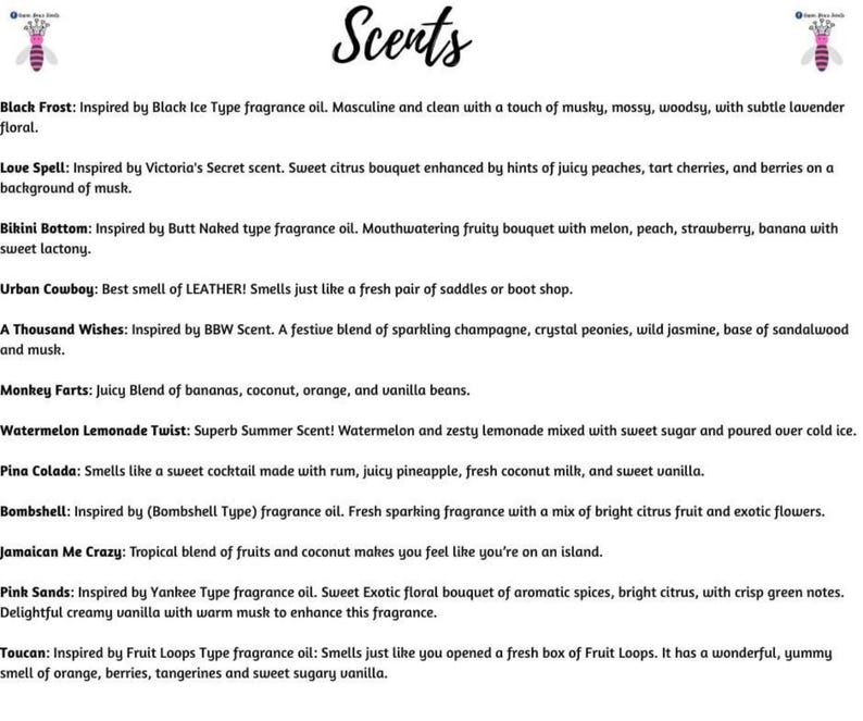May include: A list of fragrance descriptions with names like "Black Frost," "Love Spell," and "Monkey Farts." The text is in black font on a white background, with a bee logo in the top corners. The descriptions detail the scent profiles.