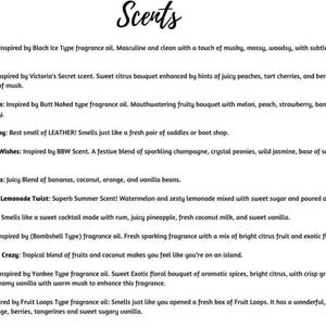 May include: A list of fragrance names and descriptions, including "Black Frost," "Love Spell," and "Bikini Bottom." The text is in a handwritten style, with a bee logo at the top. The descriptions detail the scent profiles, such as fruity, floral, and musky notes.