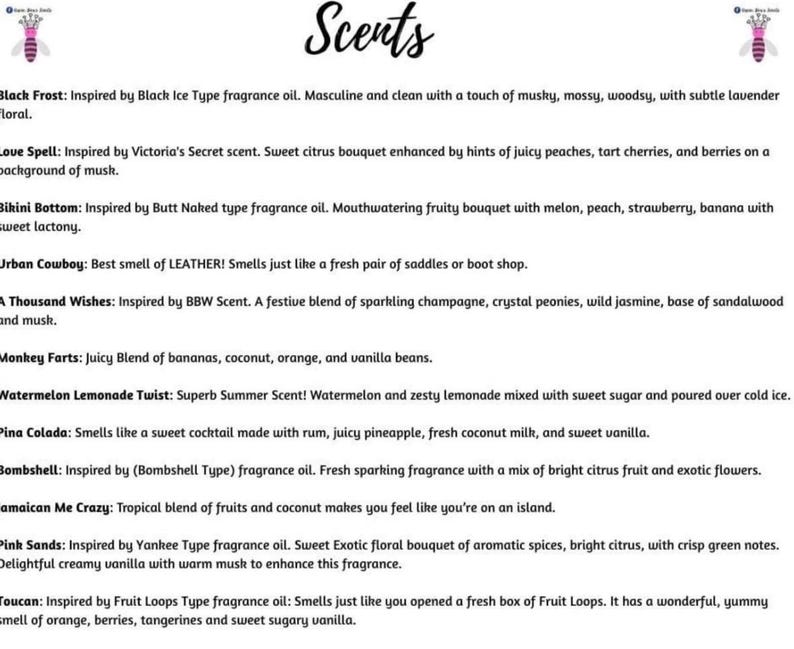 May include: A list of fragrance names and descriptions, including "Black Frost," "Love Spell," and "Bikini Bottom." The text is in a handwritten style, with a bee logo at the top. The descriptions detail the scent profiles, such as fruity, floral, and musky notes.