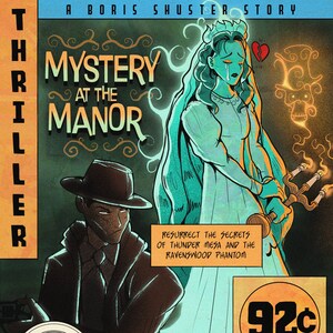 May include: A vintage-style comic book cover with a green and blue color scheme. The cover features a woman in a white dress with a broken heart, a man in a fedora and trench coat, and the text "Mystery at the Manor". The cover also includes the text "Thriller" and "92 cents".