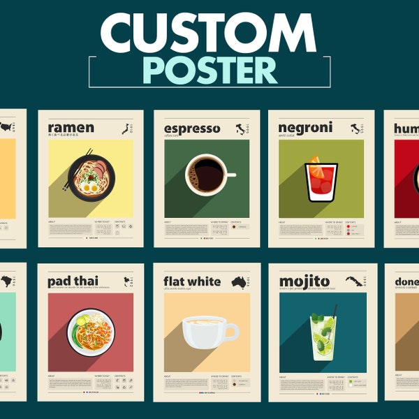 Custom Poster, Food Print, Custom Food, Retro Poster, Housewarming Gift, Kitchen Decor, Mid Century Poster, Minimalist Print