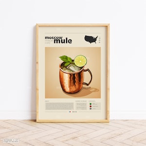 Póster de Moscow Mule, impresión de cóctel, póster estadounidense, póster retro, regalo de inauguración de la casa, decoración de cocina, póster de mediados de siglo, impresión minimalista