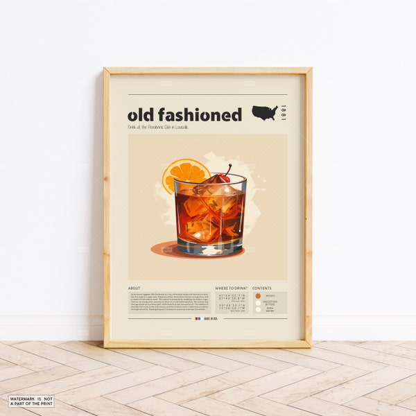Old Fashioned Poster, Cocktail Print,  American Poster, Retro Poster, Housewarming Gift, Kitchen Decor, Mid Century Poster, Minimalist Print