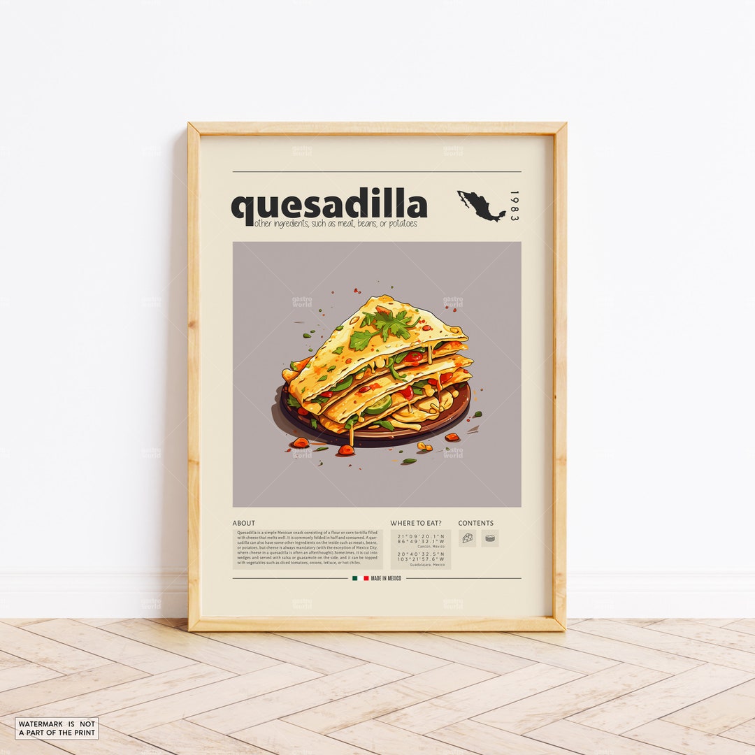 Quesadilla Poster, Food Print, Mexico Food, Retro Poster, Housewarming