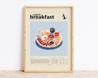 Impresión de comida de desayuno inglés, comida inglesa, póster retro, regalo de inauguración de la casa, decoración de cocina, póster de mediados de siglo, impresión minimalista