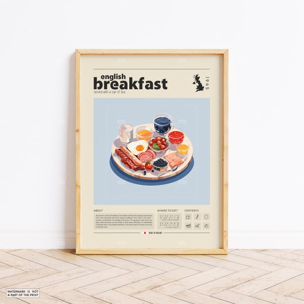 English Breakfast Food Print, English food, Retro Poster, Housewarming Gift, Kitchen Decor, Mid Century Poster, Minimalist Print