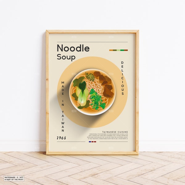 Affiche de soupe de nouilles, impression de nourriture, nourriture de Taiwan, affiche rétro, cadeau de pendaison de crémaillère, décor de cuisine, affiche du milieu du siècle, impression minimaliste