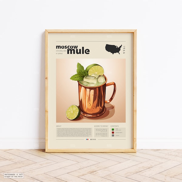 Moscow Mule Poster, Cocktail Druck, amerikanisches Poster, Retro Poster, Einweihungsparty Geschenk, Küchendekor, Mid Century Poster, minimalistischer Druck