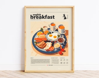 Impresión de comida de desayuno inglés, comida inglesa, póster retro, regalo de inauguración de la casa, decoración de cocina, póster de mediados de siglo, impresión minimalista