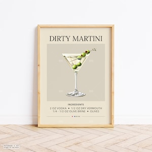 Dirty Martini Kunstdruck | Barwagen Dekor | Cocktail Poster | Mixology Geschenkanstrich | Alkohol Schild Bar | Aquarell Retro Drink Poster