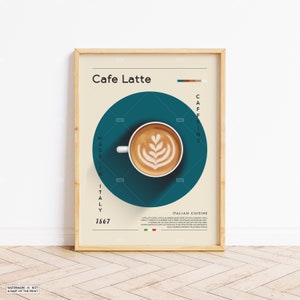 Cafe Latte Poster, Coffee Print, Italian Coffee, Retro Poster, Housewarming Gift, Kitchen Decor, Mid Century Poster, Minimalist Print