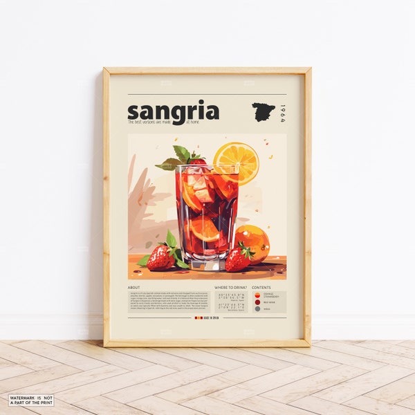 Sangria Poster, Cocktail Print, Spanish Poster, Retro Poster, Housewarming Gift, Kitchen Decor, Mid Century Poster, Minimalist Print