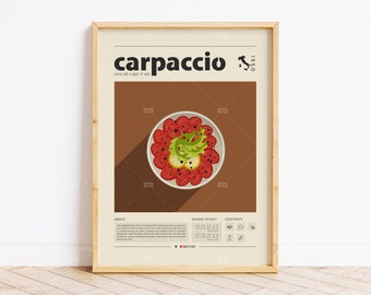 Carpaccio Poster, Food Print, Italian Food, Retro Poster, Housewarming Gift, Kitchen Decor, Mid Century Poster, Minimalist Print