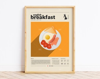 Impresión de comida de desayuno inglés, comida inglesa, póster retro, regalo de inauguración de la casa, decoración de cocina, póster de mediados de siglo, impresión minimalista