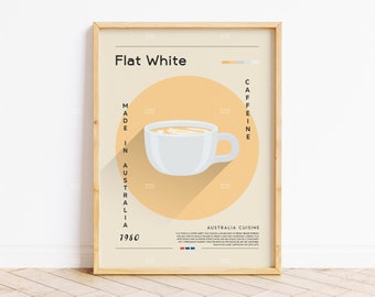 Flat White Poster, Coffee Print, Italian Coffee, Retro Poster, Housewarming Gift, Kitchen Decor, Mid Century Poster, Minimalist Print