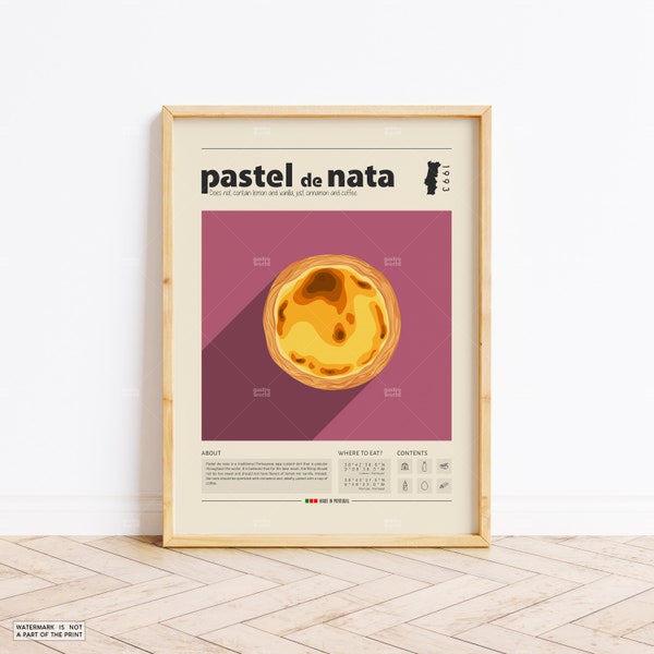 Affiche Pastel De Nata, impression alimentaire, nourriture mexicaine, affiche rétro, cadeau de pendaison de crémaillère, décor de cuisine, affiche du milieu du siècle, impression minimaliste