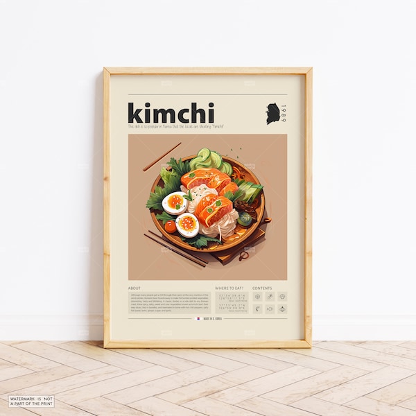 Affiche de kimchi, cuisine coréenne, affiche rétro, cadeau de pendaison de crémaillère, décor de cuisine, affiche du milieu du siècle, impression minimaliste