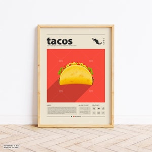 Tacos Poster, Food Print, Mexico  Food, Retro Poster, Housewarming Gift, Kitchen Decor, Mid Century Poster, Minimalist Print