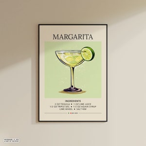 Wydruk artystyczny Margarita | Dekoracja wózka barowego Koktajl Plakat | Znak drinka na imprezę | Modna ściana | Minimalistyczny Elegancki Wyrafinowany Retro