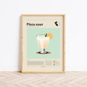 Póster de pisco sour, impresión de cóctel, póster de Perú, póster retro, regalo de inauguración de la casa, decoración de cocina, póster de mediados de siglo, impresión minimalista