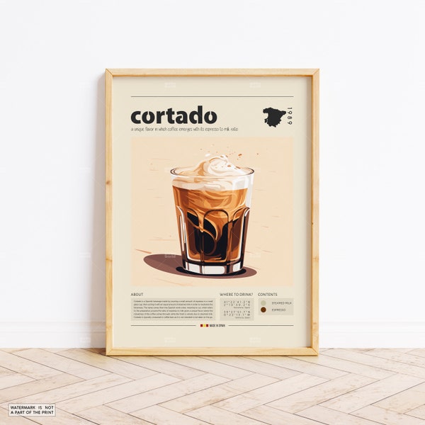 Cortado Poster, Coffee Print, Spanish Coffee, Retro Poster, Housewarming Gift, Kitchen Decor, Mid Century Poster, Minimalist Print