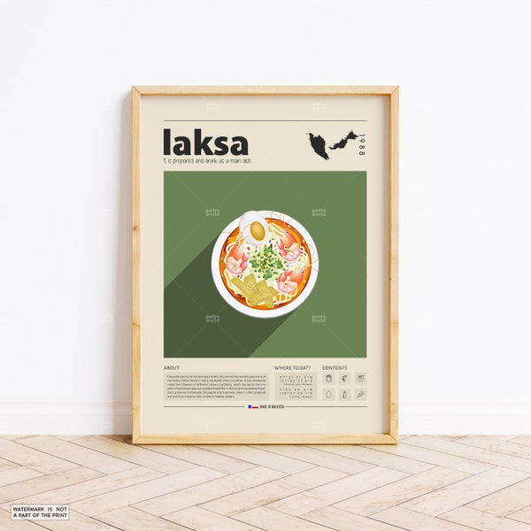 Laksa Poster, Food Print, Malaysian food Retro Poster, Housewarming Gift, Kitchen Decor, Mid Century Poster, Minimalist Print