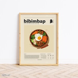 Póster de bibimbap, impresión de comida, comida coreana, póster retro, regalo de inauguración de la casa, decoración de cocina, póster de mediados de siglo, impresión minimalista