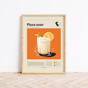 Póster de pisco sour, impresión de cóctel, póster de Perú, póster retro, regalo de inauguración de la casa, decoración de cocina, póster de mediados de siglo, impresión minimalista