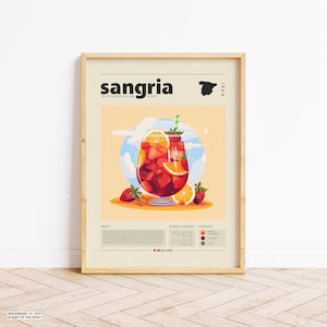 Plakat Sangria, wydruk koktajlowy, plakat hiszpański, plakat retro, prezent na parapetówkę, wystrój kuchni, plakat z połowy wieku, wydruk minimalistyczny