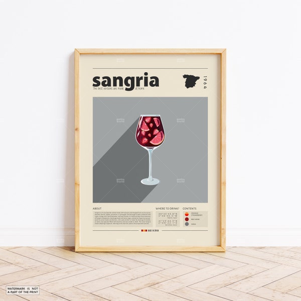 Sangria Poster, Cocktail Print, Spanish Poster, Retro Poster, Housewarming Gift, Kitchen Decor, Mid Century Poster, Minimalist Print