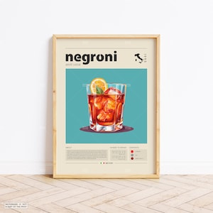 Negroni Poster, Cocktail Print,  Italian Poster, Retro Poster, Housewarming Gift, Kitchen Decor, Mid Century Poster, Minimalist Print