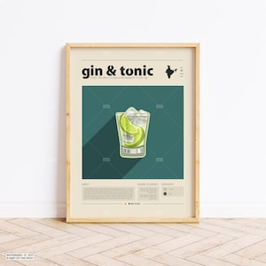 Gin & Tonic Poster, Cocktail Print,  Indian Poster, Retro Poster, Housewarming Gift, Kitchen Decor, Mid Century Poster, Minimalist Print
