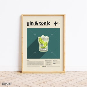 Gin & Tonic Poster, Cocktail Print,  Indian Poster, Retro Poster, Housewarming Gift, Kitchen Decor, Mid Century Poster, Minimalist Print