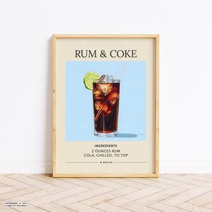 ラム＆コーク カクテル アートプリント | バーカート ウォールデコ | 印刷可能なアルコール ウォールアート ポスター | デジタルダウンロード | カクテル ラム愛好家へのギフト