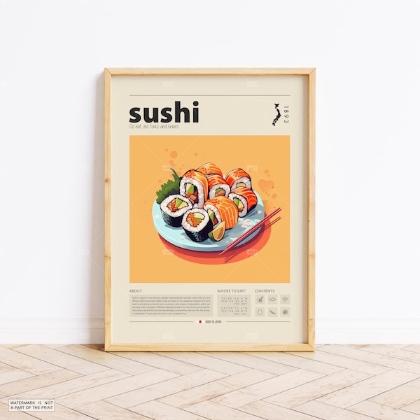 Sushi Poster, Food Print, Japanese  Food, Retro Poster, Housewarming Gift, Kitchen Decor, Mid Century Poster, Minimalist Print