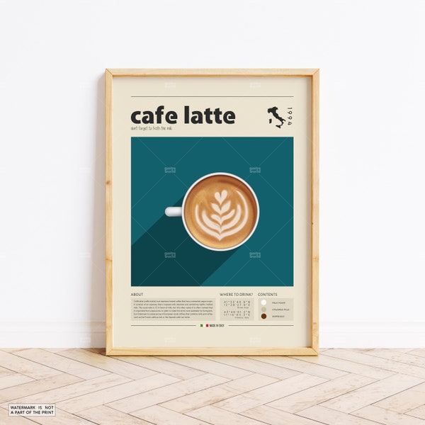 Affiche de café latte, impression de café, café italien, affiche rétro, cadeau de pendaison de crémaillère, décoration de cuisine, affiche Mid-Century, impression minimaliste
